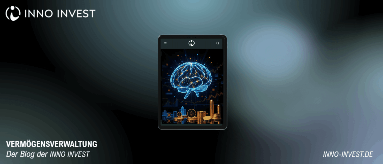 Grafik zur Vermögensverwaltung mit Künstlicher Intelligenz: Ein digitales Gehirn über Finanzsymbolen und Münzstapeln auf einem Tablet steht für intelligente Investmentlösungen und datengetriebenes Wachstum.