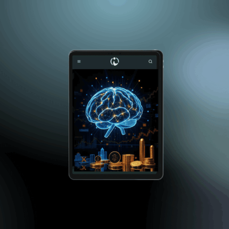 Grafik zur Vermögensverwaltung mit Künstlicher Intelligenz: Ein digitales Gehirn über Finanzsymbolen und Münzstapeln auf einem Tablet steht für intelligente Investmentlösungen und datengetriebenes Wachstum.